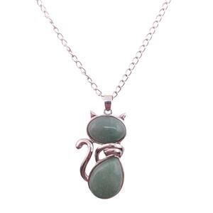Shag Wear Womens Green Milk Jade Stone Silvertone Cat Pendant Necklace NWT